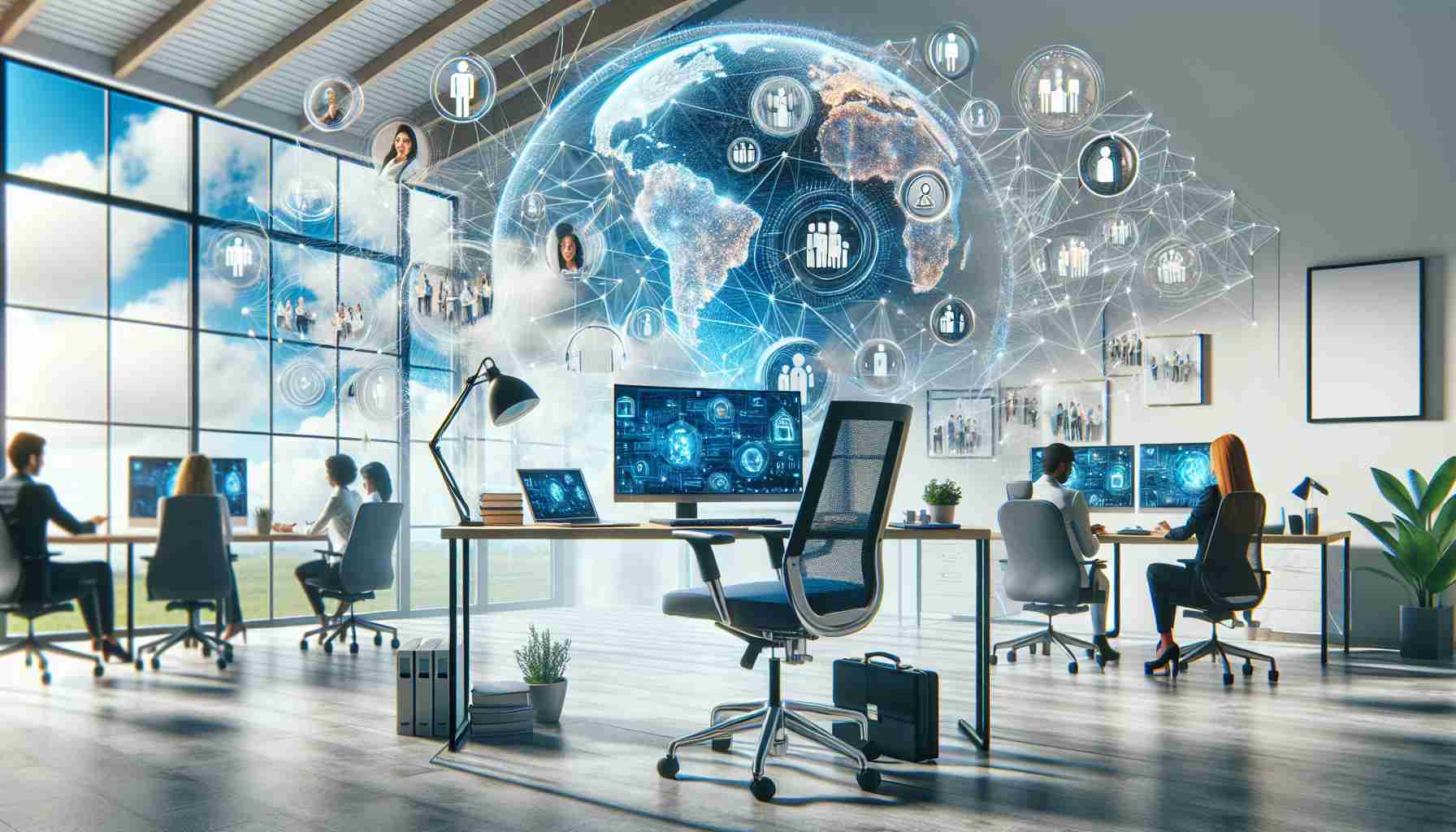 High definition, realistic image illustrating the modern trend of remote work. The scene should be set in a bright, spacious home office environment with high-tech equipment such as advanced computer setup, ergonomic chair, multiple screens, and high-speed internet. Various symbols representing global connectivity, like internet nodes or world maps, might float around the space, showing the evolution of virtual networking. Please include a diverse group of professionals of different genders and descents engaged in online teamwork, such as video conferencing or collaborative digital working on project. Displaying effects of augmented reality can add to the technological aspect.