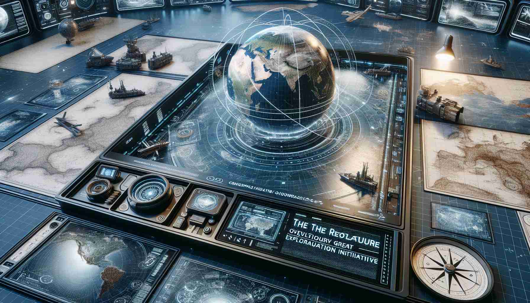 A realistic, high-definition image of a conceptual showcase for a revolutionary navigation initiative, named 'The Overture Exploration Initiative'. The picture should depict a futuristic world of navigation. This could include detailed maps, compasses, and navigation equipment, all rendered in a futuristic style, including high-tech displays, holograms, and advanced devices. Mixed within, there should be some traditional cartographical elements to emphasize the long history of exploration and discovery. The overall atmosphere should suggest an impending great voyage, hinged on this groundbreaking initiative.