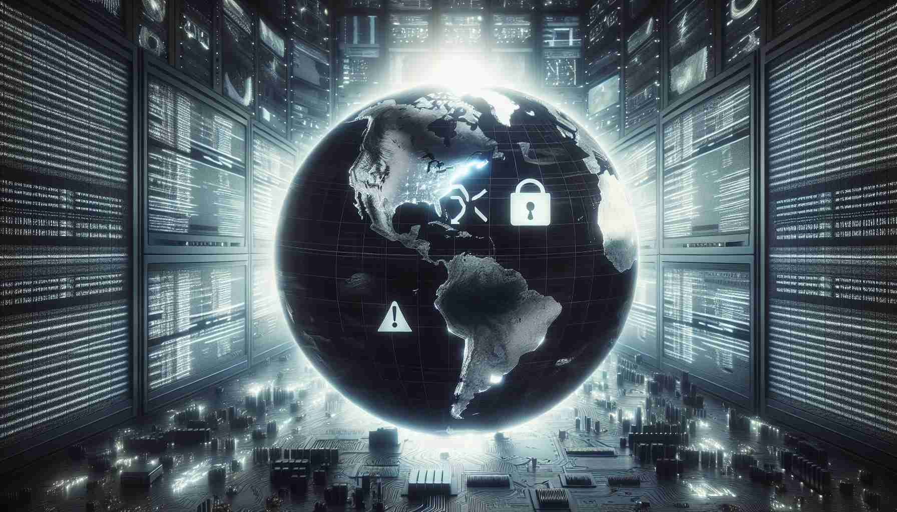 A realistic, high-definition image showcasing a metaphorical representation of a historical technological blackout. The scene could include a globe with multiple locations grayed out, hinting at the vast areas affected by a computer operating system malfunction. This could be paired with symbols representing digital malfunctioning, like a computer screen displaying error messages. Please ensure to convey the sense of widespread impact and urgency.