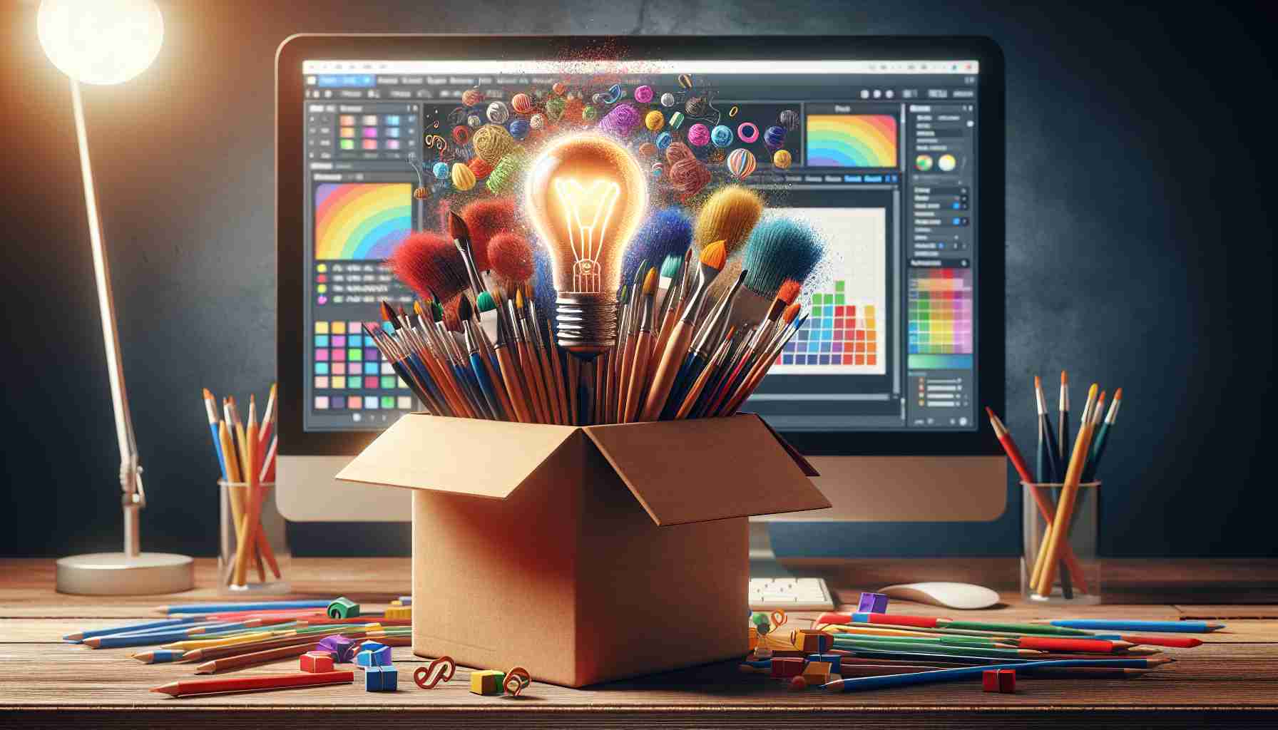 A high definition, photorealistic image portraying the concept of 'Unleashing Your Creativity with Affordable Software Solutions'. It should feature an overflowing box of painting tools such as brushes, pens, and colored pencils, and also have a graphical user interface of a budget-friendly design software displayed on a computer screen in the background. The items should be brightly colored, signifying vitality and imagination. There's a light bulb glowing brightly above the box symbolizing the moment of creative inspiration.