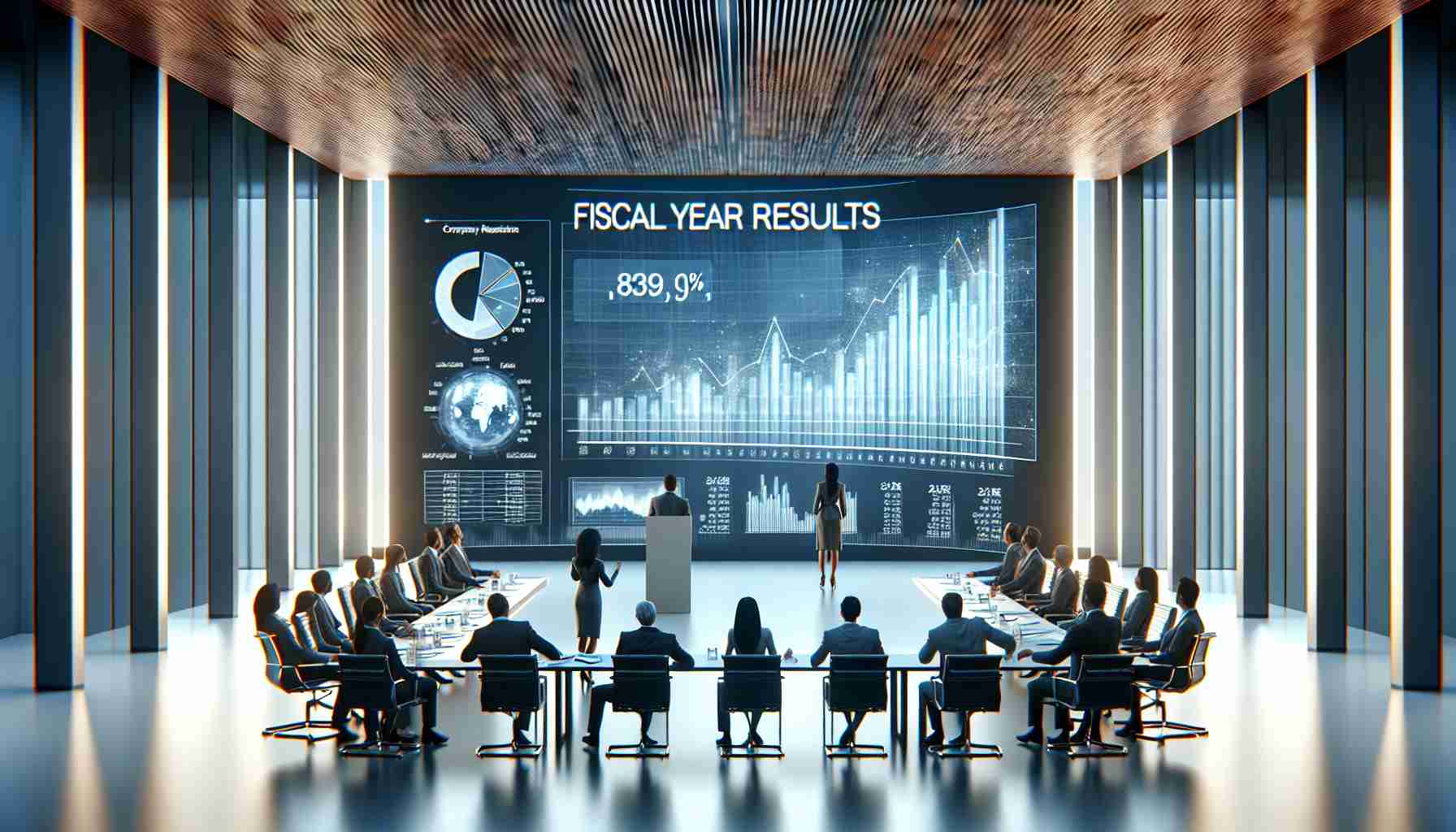 A high-resolution photograph depicting a fictional corporate meeting where company representatives are excitedly revealing their impressive fiscal year results on a large screen. The atmosphere is filled with anticipation, there are charts and figures being displayed on the screen, and people are dressed in business attire. The setting is modern and minimalistic, with a corporate logo on the backdrop.