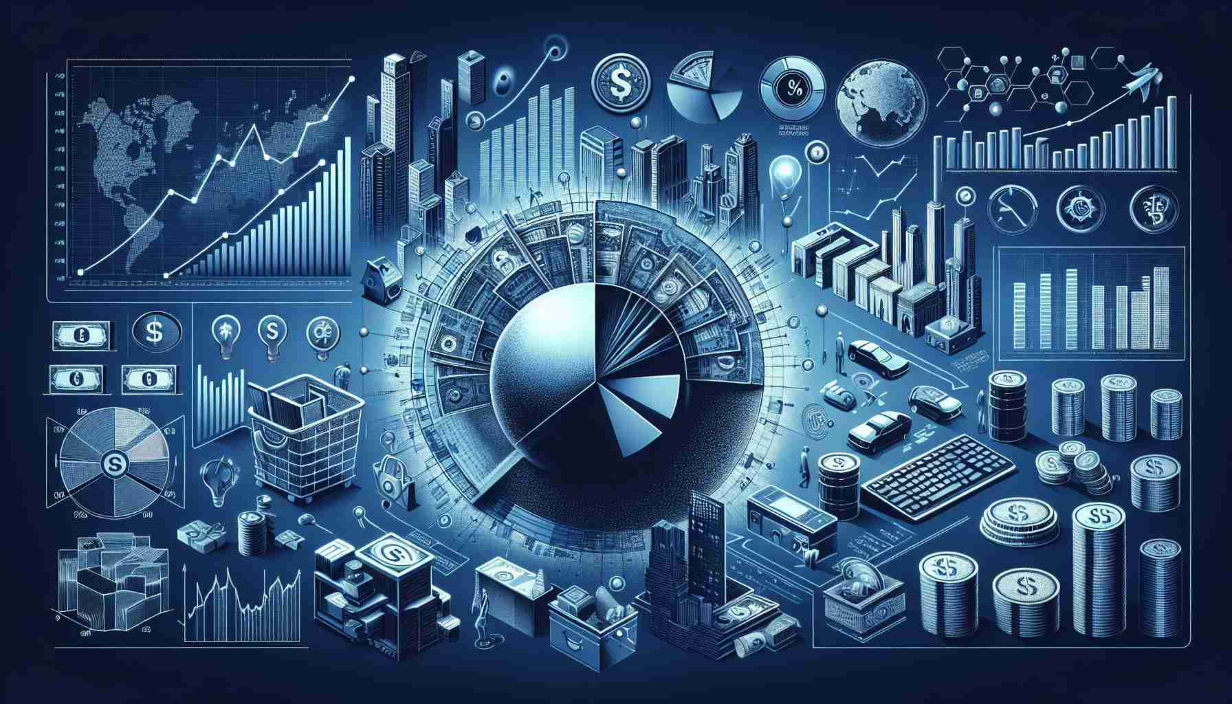 Create a detailed, high-definition image that pictorially portrays the status of financial markets with a focus on consumer spending habits and technology stocks. The image should include symbolic representations such as graphs depicting the growth or fall of consumer spending, pie charts showing the proportion of different categories of expenditure, and diagrams analyzing the performance of technology stocks. Also incorporate signs or icons of modern technology companies. Please ensure everything is depicted in a professional and realistic style.