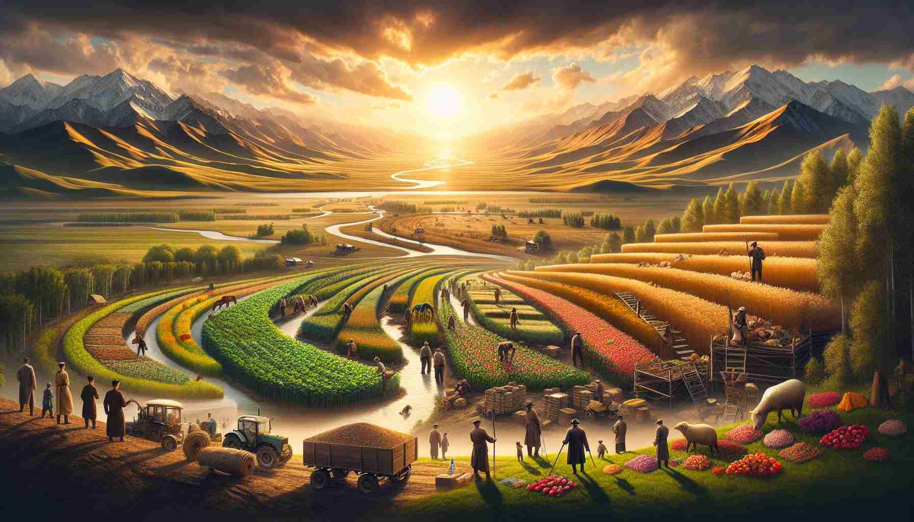 Create a detailed, high-definition image portraying the evolution of Kazakhstan's agriculture towards sustainable prosperity. The scene should be a timeline showcasing different stages: traditional farming methods transitioning into modern sustainable practices. Include landscapes illustrating the wide range of crops cultivated across the country's diverse climates and terrains. The image should resonate with optimism and prosperity, underlining the importance of these sustainable advancements in agriculture for the region.