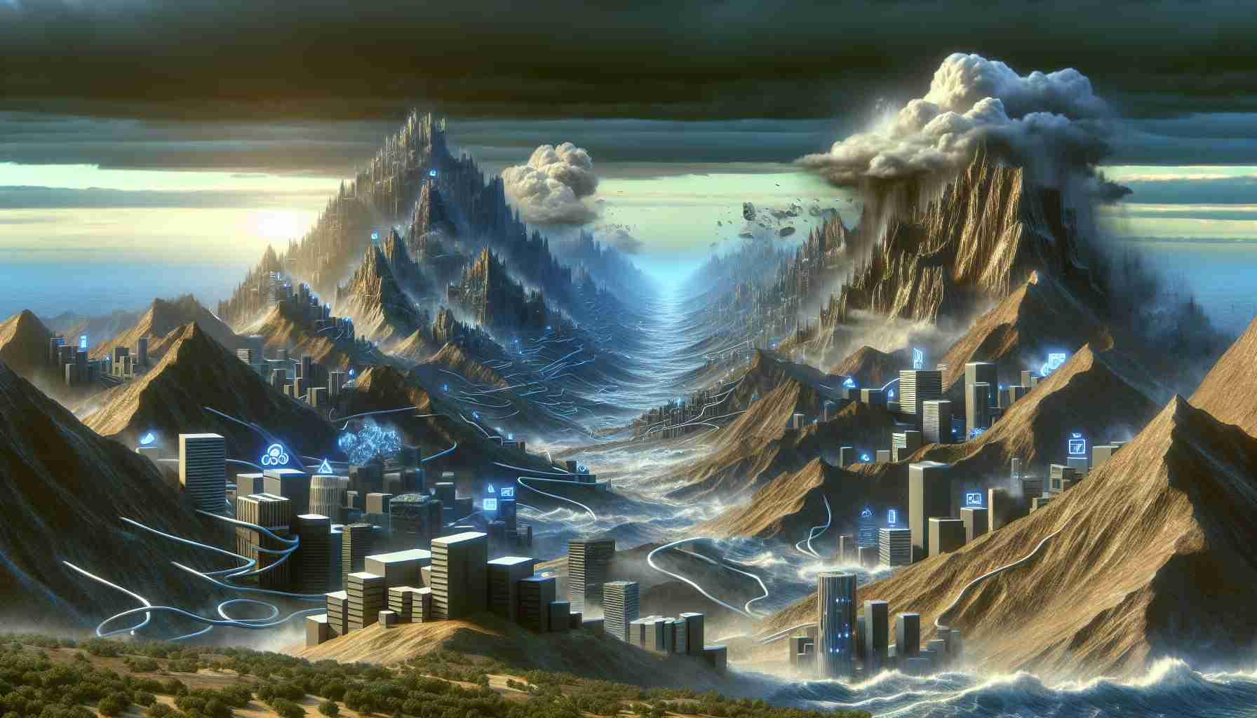 A high definition, realistic image depicting the metaphorical representation of challenges faced by major technology companies in the field of Artificial Intelligence. Perhaps manifesting as a sprawling landscape dominated by mountainous obstacles, stormy weather, and rough terrains that symbolize various issues like data privacy concerns, ethical quandaries, and technological hurdles. The tech giants could be visualized as unique modern buildings or futuristic structures, positioned on this landscape, struggling to navigate their path towards the peak, symbolizing AI mastery.