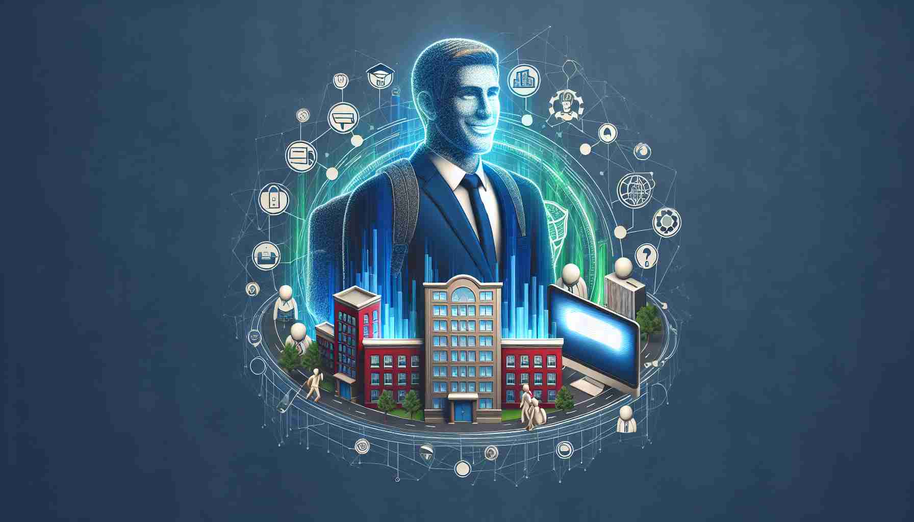 A high-definition, realistic image showcasing the philanthropic impact in the tech world of a male public figure, who is also a tech entrepreneur. Illustrate a symbolic representation of his positive influence, such as buildings with school logos denoting his educational contributions, computers and tech devices symbolizing technological advancements, and happy people enjoying the benefits of these developments.