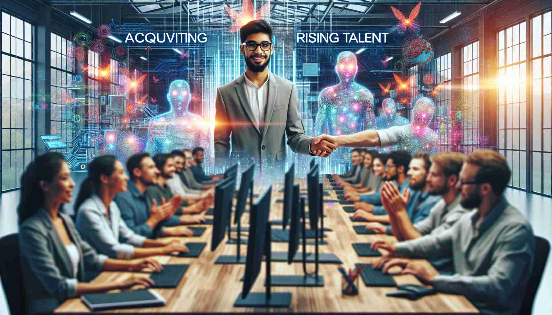 Produce an HD photo representing the concept of an innovative gaming studio acquiring rising talent. The image should depict a modern gaming studio with cutting-edge technology and digital artwork filled with vibrant colors and abstract designs. You see personnel of diverse descents such as Hispanics and Caucasians and genders, including males and females, working diligently at their workstations. The rising talent could be represented by a young South Asian man with glasses being welcomed into the team with congratulatory handshakes and claps from his colleagues.