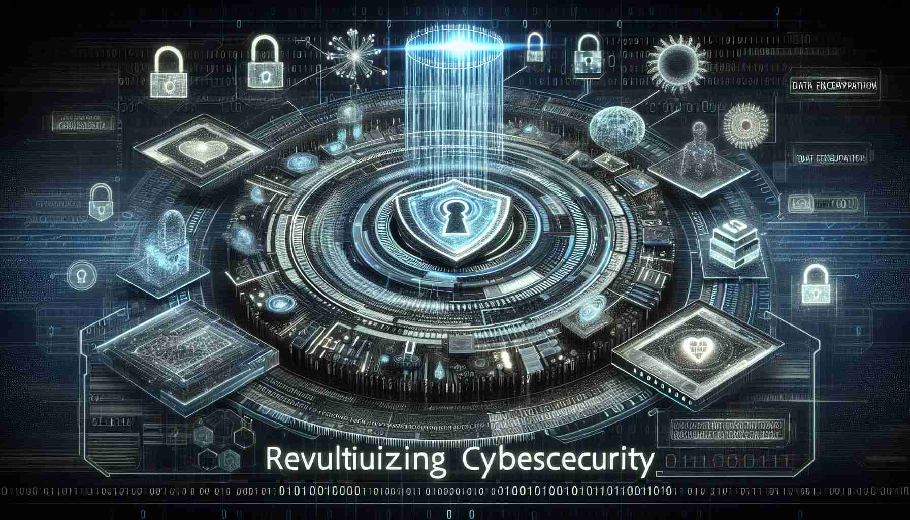 An HD image portraying the concept of revolutionizing cybersecurity. The centerpiece should include innovative security solutions such as advanced firewalls, data encryption tools, biometric scanners, and anti-malware software. Render these elements as intricate, digitalized objects glowing with lines of code, shaped to suggest fortification and protection. Background should be binary code and futuristic patterns to showcase the digital nature of cybersecurity. Please make sure the design is realistic with intricate details to emphasize the HD quality.