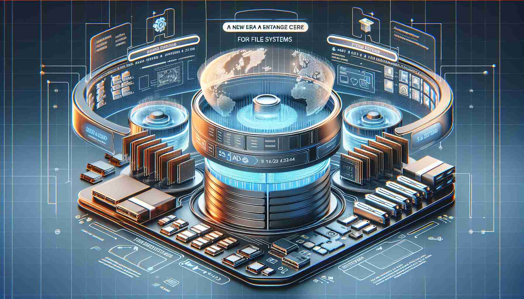 A detailed image of a new era for file systems represented by an infographic. Highlight the enhanced storage capacities obtained through the use of extended FAT32 partitions. Display the structure of FAT32 file system showing the partitions, files, and folders in a visually appealing and clear manner. Please ensure that the image is realistic and high-definition.