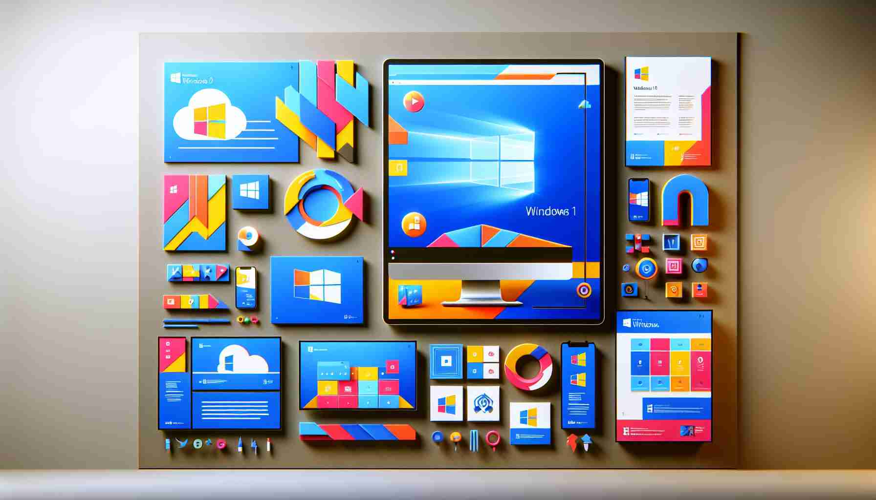 A high definition, realistic rendering of a mock-up for a revamped advertising strategy for a popular operating system. The image includes elements like modern marketing materials such as banners, posters, flyers, digital ads, and billboards. These elements should reflect a fresh, innovative design concept signifying a major update or upgrade, using abstract geometric shapes and vibrant colors. Also, incorporate symbols typically associated with computer operating systems, such as windows, screens, mouse cursors, and file icons, subtly suggesting the connection to Windows 10 without directly mentioning it.