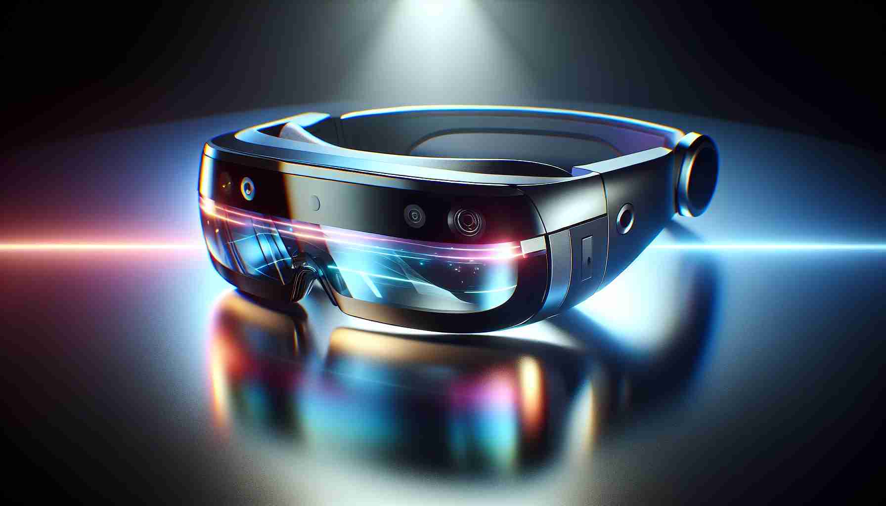 A hyper-realistic, high-definition image showcasing a pair of futuristic mixed reality glasses developed by an unnamed tech company with the spotlight on them, indicating a shift in focus towards emerging technologies. The glasses showcase cutting-edge design with sleek lines and innovative features. They sit on a glossy surface, reflecting vibrant hints of their virtual world capabilities. Contrasting the hardware's physical elements are soft glows and swipes of digital hues, suggesting the intersection of reality and fantasy the glasses provide. The background is minimalistic so as to draw all attention on the glasses.