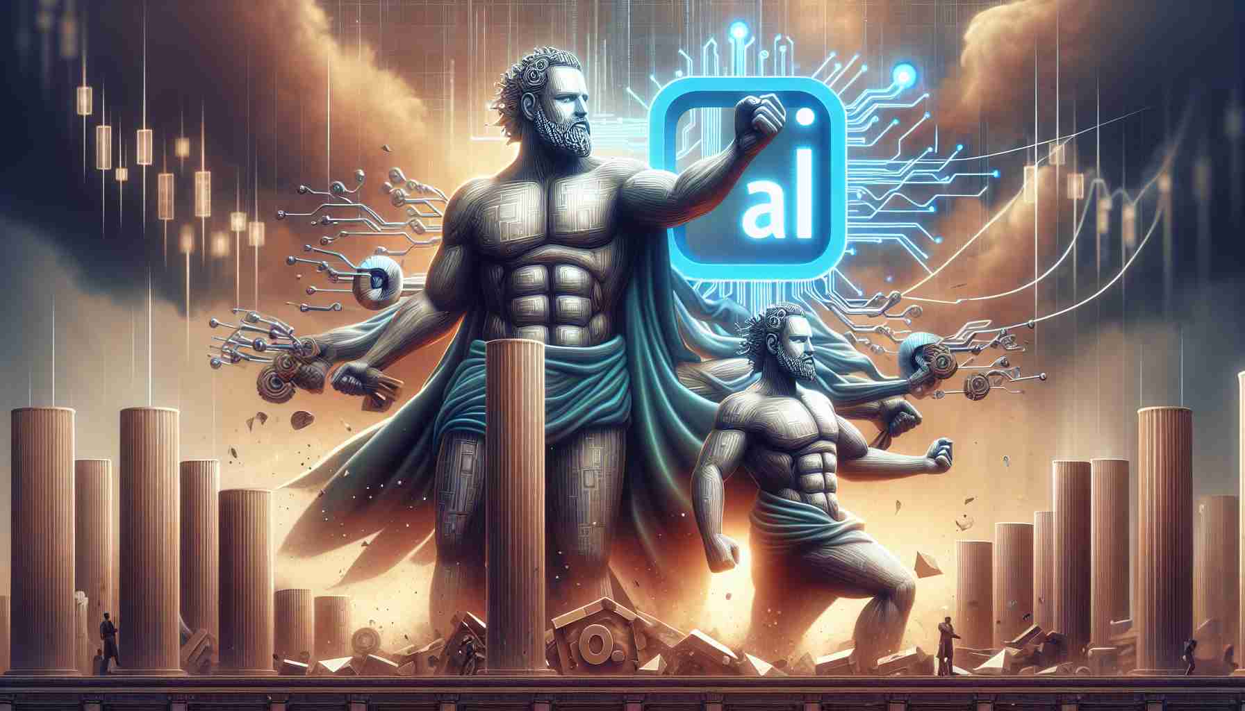 Realistically detailed high-definition illustration demonstrating a metaphor of technologically advanced giants promoting artificial intelligence progress in an investing setting. This can include images of symbolic majestic characters embodying big tech, holding the AI symbol as if supporting or backing it, amidst a revolutionary atmosphere, alluding to the idea of dynamic disruption in financial investing through artificial intelligence.