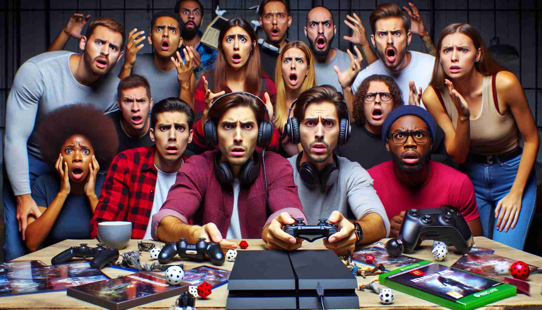 Generate a high-quality realistic photo depicting the effects of a major technology company's video game subscription service pricing changes on gamers. The scene should include a group of gamers of varied genders and descents, including Caucasian, Hispanic and Black gamers, expressing different reactions. Some may be frustrated or surprised, while others are indifferent. They are surrounded by various gaming paraphernalia, like game controllers, headsets, and game boxes, representing the service. Their reactions should metaphorically exhibit the impact of the pricing changes.