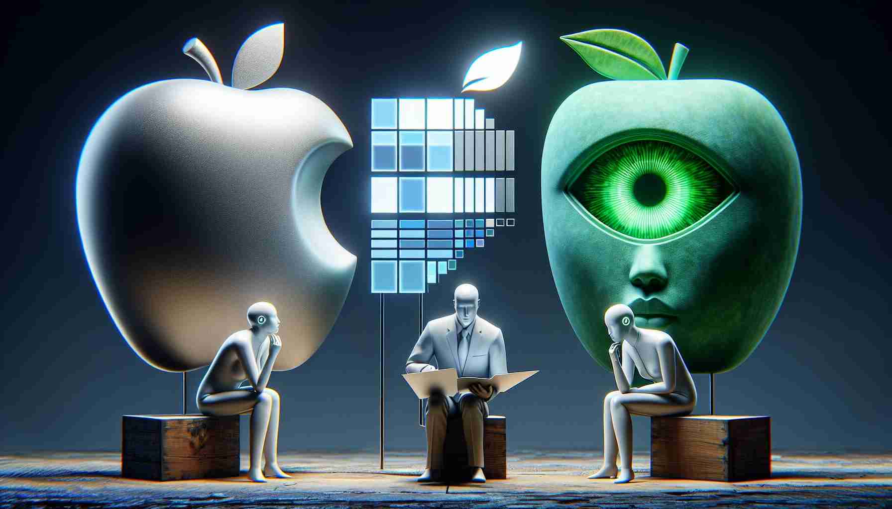 An imaginary depiction of three entities, denoted as a fruit company, a software giant, and a technology firm, contemplating an investment in a fictional artificial intelligence research organization. The three companies are represented by their logos: a sleek, clean, silver apple for the fruit company; a minimalistic, square window in various shades of blue for the software company; and an eye composed of green, carved out in a futuristic style for the technology firm. Their representatives are pondering over documents containing projected growth charts and AI research potential of the company they aim to invest in.