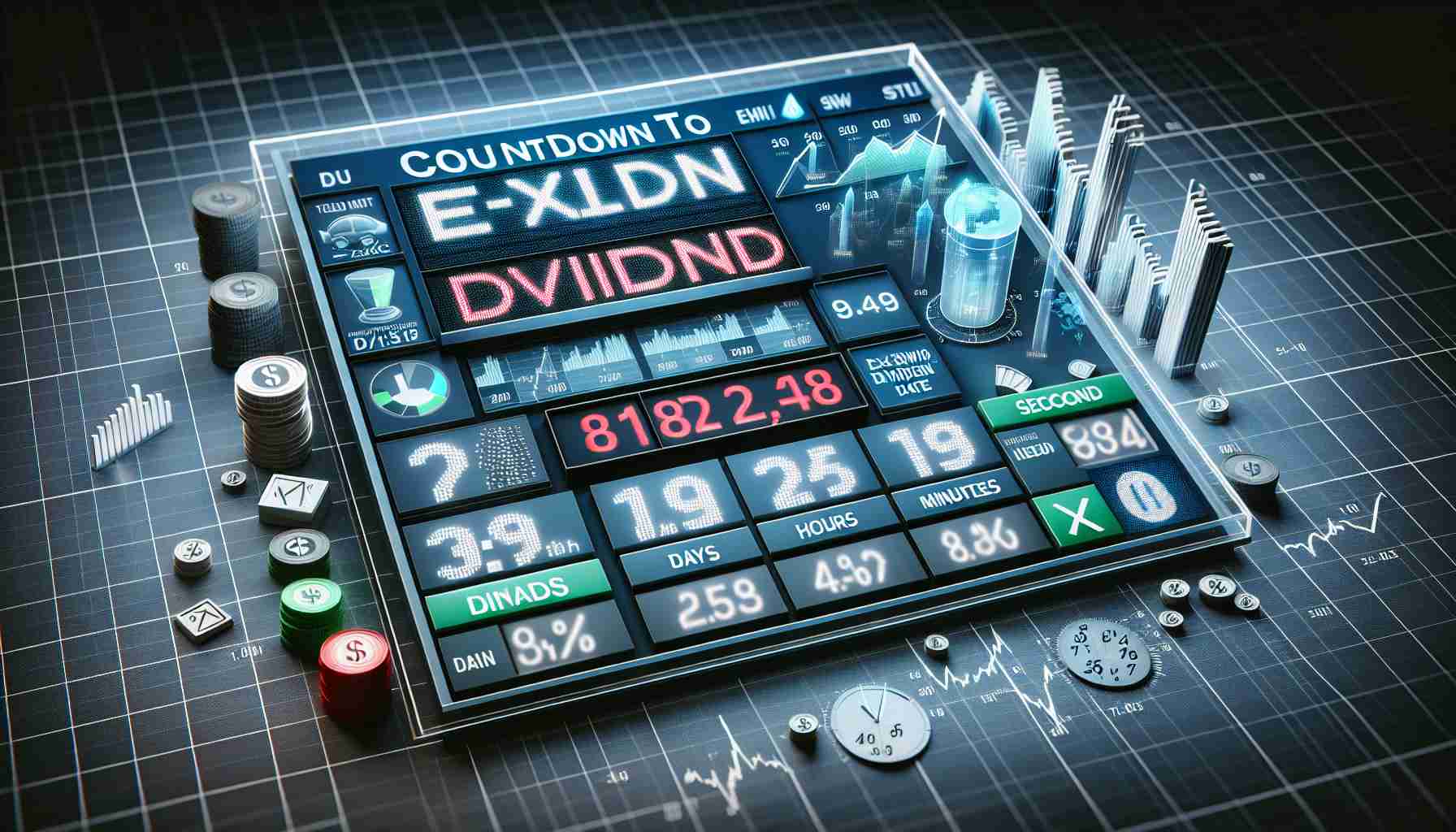 A realistic, high-definition image of a countdown board in the style of a stock market exchange. The board prominently features the text 'Countdown to Ex-Dividend Dates', with numbers showing the days, hours, minutes, and seconds till the next ex-dividend date. Surrounding this, depict financial icons, graphs, and percentages suggesting the opportunity to cash in on dividends.