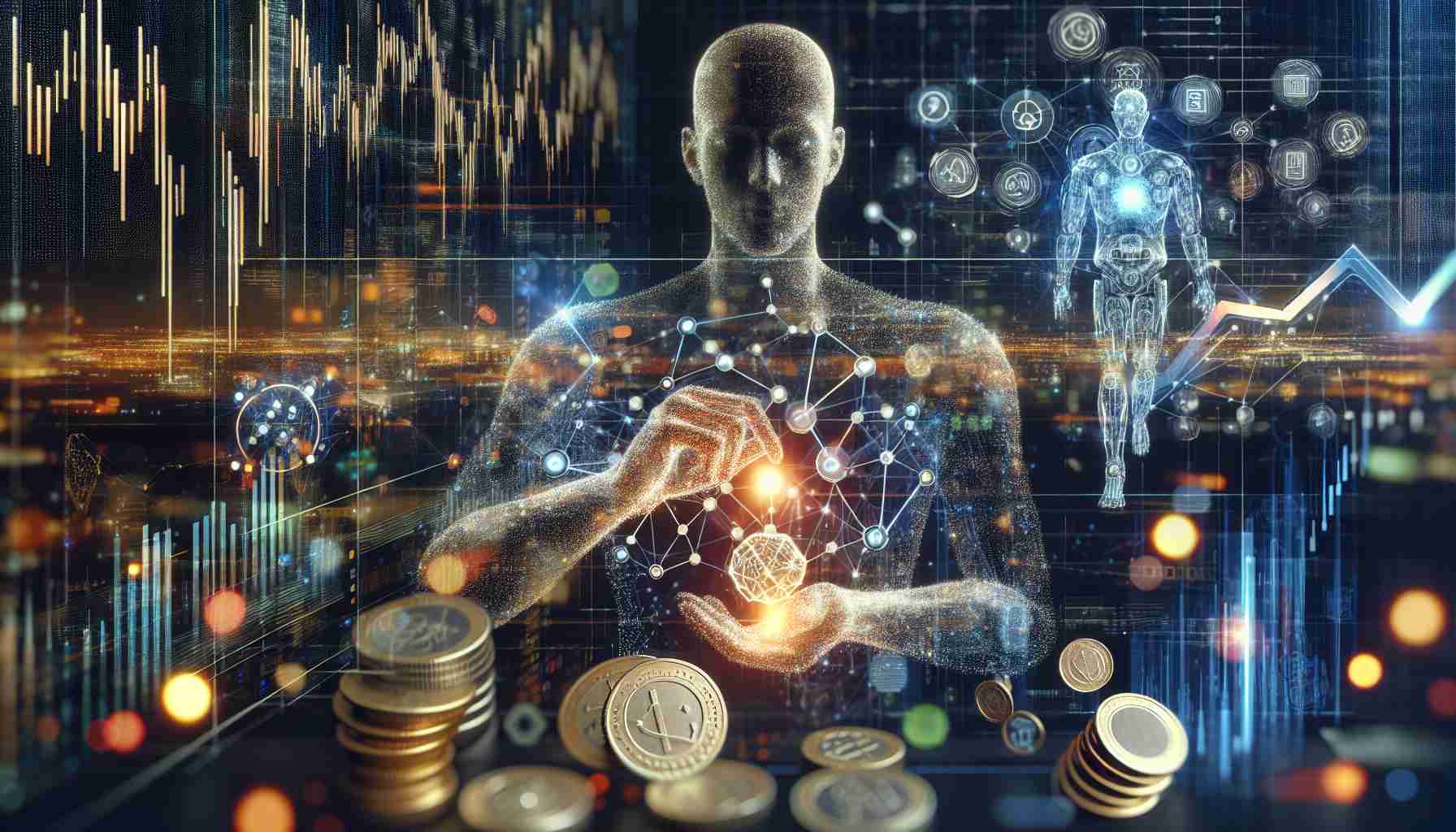 A high-definition, realistic visual representation of the concept of investing in major players in the field of Artificial Intelligence. This image can include symbolic representations of AI, such as advanced robots or complex networks of interconnected nodes, along with symbols of financial investment, like the stock market graphs, coins, or currency notes. It might also depict a human figure, perhaps a South-Asian male investor, analyzing relevant data closely or making decisive moves on a futuristic digital interface. Ensure the visual tone communicates the significance and potential scale of these investments.