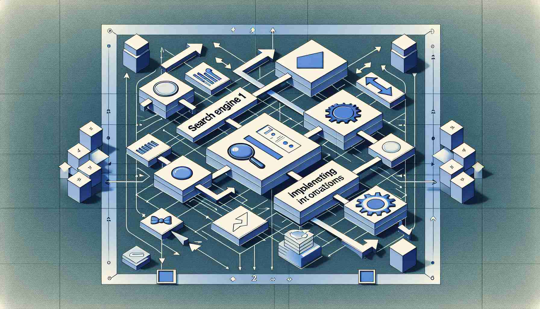 Visual abstraction of a decision-making process involving two generic search engines labeled as 'Search Engine 1' and 'Search Engine 2'. Includes a diagram with arrows and blocks as a metaphor for weighing options, assessing the pros and cons, making decisions, and implementing outcomes in a large tech company context.