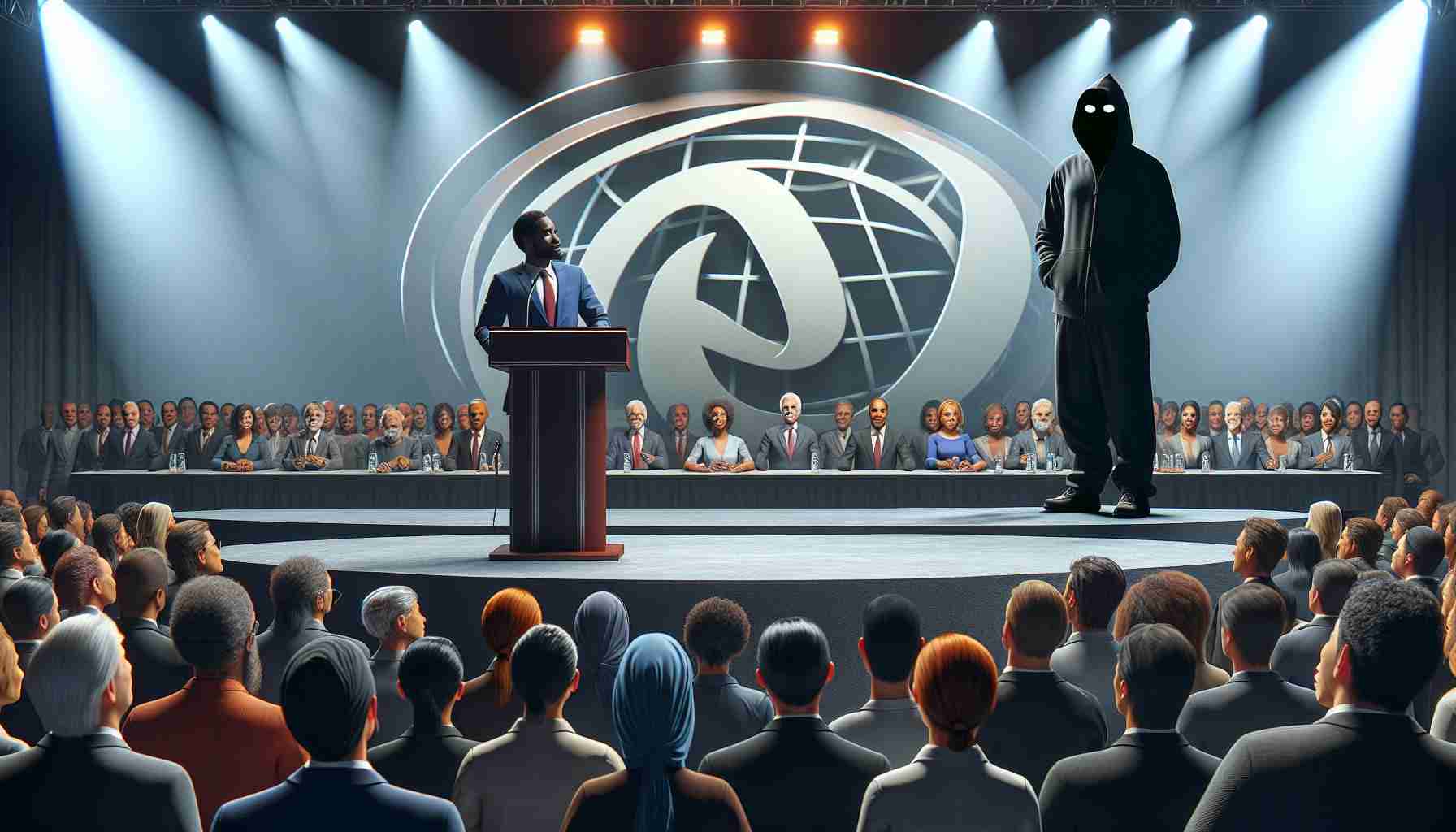 Realistic high-definition image showcasing the concept of exposing corporate greenwashing. The scene includes a corporate representative standing at a podium with a large logo in the background, while an anonymous insider, represented as a gender-neutral, African individual disguised in shadow, reveals information about the company's misleading environmental claims to a crowd of diverse spectators. The crowd contains men and women of different descents such as Caucasian, Hispanic, Middle-Eastern, South-Asian, and Black. The mood is tense and engaging, with plenty of detail highlighting the revelation unfolding.