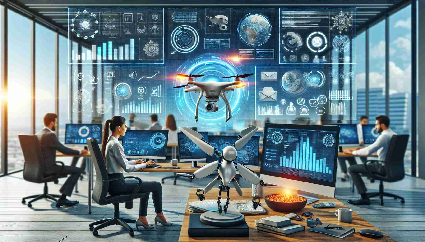 A high-definition, realistic illustration of the incorporation of artificial intelligence in the insurance industry. Visual elements can include AI algorithms processing data, charts and graphs showing increased efficiency, autonomous drones doing risk assessment, digital claims processing, and AI chatbots helping customers. The back scene could depict an office environment with a Caucasian woman working on a drone and a Middle-Eastern man analyzing data on a computer screen.