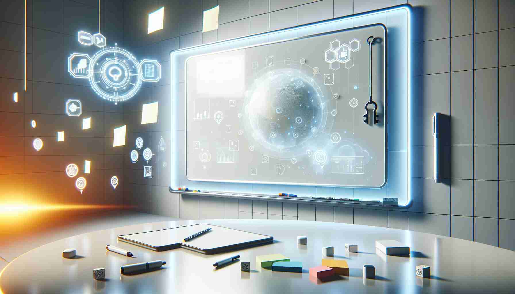 High-definition realistic scene featuring a virtual whiteboard. The board is clean, stark white, illuminated by soft light, while the digital open space environment around showcases a conducive atmosphere for brainstorming and conception. Floating by the corner, a three-dimensional digital key symbolizes unlocking of creativity. Digitally rendered sticky notes, markers of different colors, and erasers hover near the board, ready for use.