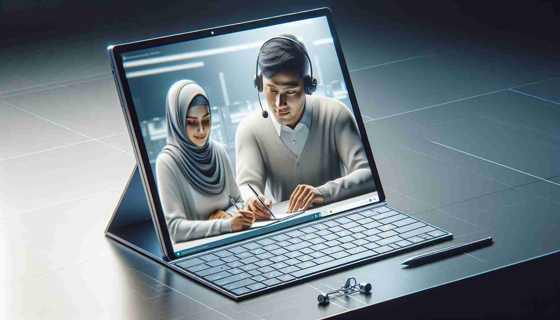 An high-definition, realistic image showcasing an efficient and reliable tech support scenario for a rectangle-shaped tablet with a detachable keyboard. The tablet should have a smooth, metallic finish and a kickstand at the back, resembling Microsoft Surface devices but without any brand logos. Alongside, there should be a South Asian male technician, with a headset, helping a Middle-Eastern woman navigate through the interface.