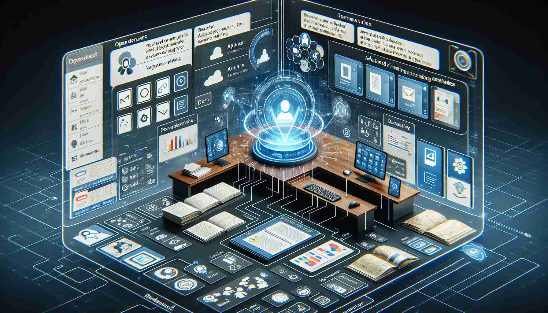 A visualization of a revolutionary collaborative work environment enabled by a cutting-edge productivity software suite, featuring various tools for tasks such as document editing, presentations, virtual meetings, and shared calendars. The UI should be modern and intuitive, with open documents, ongoing discussions, and upcoming events neatly arranged. The centerpiece includes an advanced assistance feature that helps users navigate the entire software ecosystem efficiently.