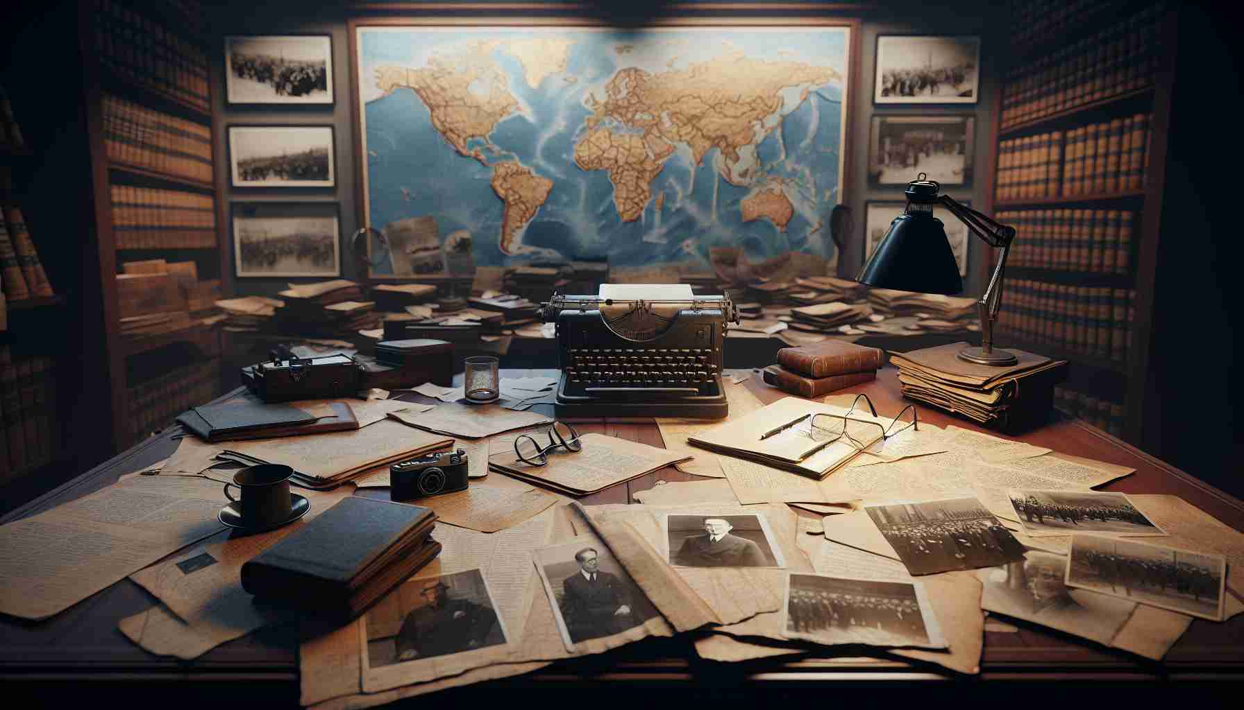 A highly detailed and realistic image of a first-person perspective exploring the legacy of a pioneering journalist. The scene includes a large wooden table covered in various items: open notebooks filled with old clippings and handwritten notes, a pair of glasses, a vintage typewriter, black and white photos of historic events. On the wall, there's a large world map marking places reported. The lighting is soft, creating a sense of nostalgia.