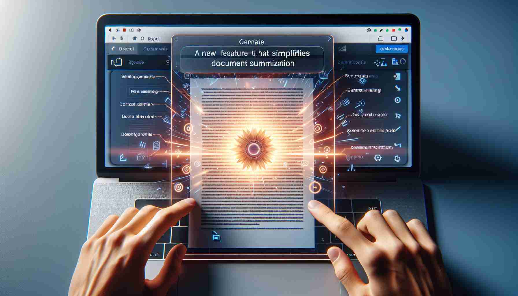 Generate a realistic high-definition image of a new feature in a generic word processing software that simplifies document summarization. The interface should highlight this feature, with clear labels and indications on how it might be used. The image can include a document opened on the software with this summarization tool in action, shortening a long text into a shorter, summarised version.