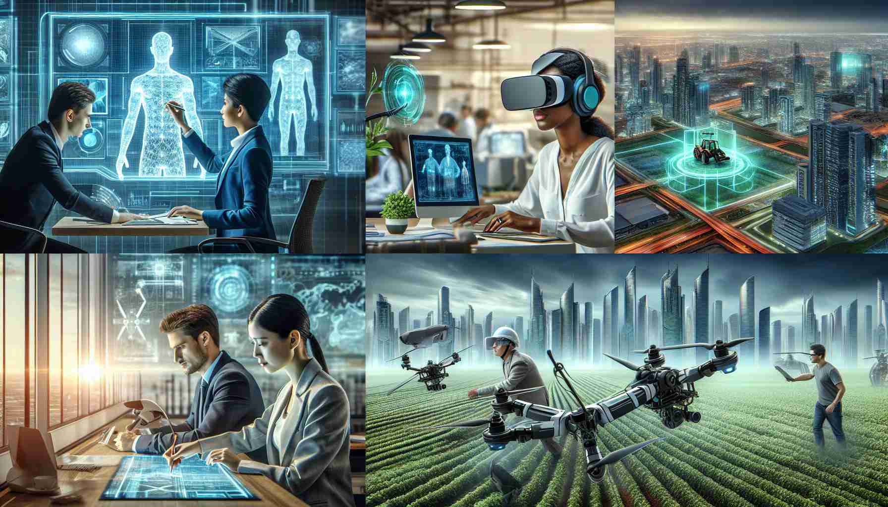 An HD image showcasing the streamlining of work efficiency through technological advancements. This should include professionals interacting with modern technology - a woman of Black descent using a virtual reality headset for architectural design, a Caucasian man piloting a drone for agricultural purposes, a Middle-Eastern woman analyzing data on a large holographic screen and a South Asian man using an advanced robotic arm for manufacturing. The setting can be futuristic offices and fields against a backdrop of cities, adorned with skyscrapers ingrained with green technology.