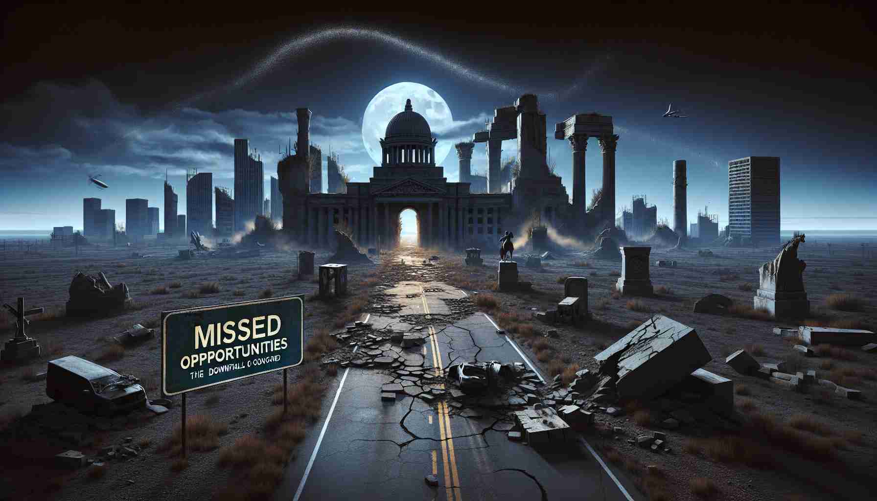 Visualize a conceptual scene depicting 'Missed Opportunities: The Downfall of Concord'. Include the symbol of a large, grand city named Concord, once thriving but now abandoned and in ruins. The sky should be filled with darkness to reflect despair, with the only light coming from the moon. Add a road sign reading 'Missed opportunities' along a broken, desolate road leading to the city. Incorporate elements that hint at Concord's former glory like crumbling monuments, derelict infrastructure, and vacant, decrepit buildings all bathed in moonlight, presenting the contrast between what once was and what it has fallen to in high-definition realism.