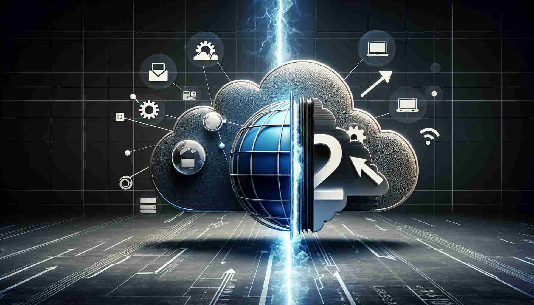 A realistic high definition image that metaphorically represents an internet-based company, depicted with symbolic iconography that could suggest 'file sharing', lodging a complaint against another large technology company for allegedly anti-competitive practices in the domain of cloud services. The second corporate entity is symbolised with cloud imagery. The tension between the entities is visualized through contrasting design elements and directional forces.