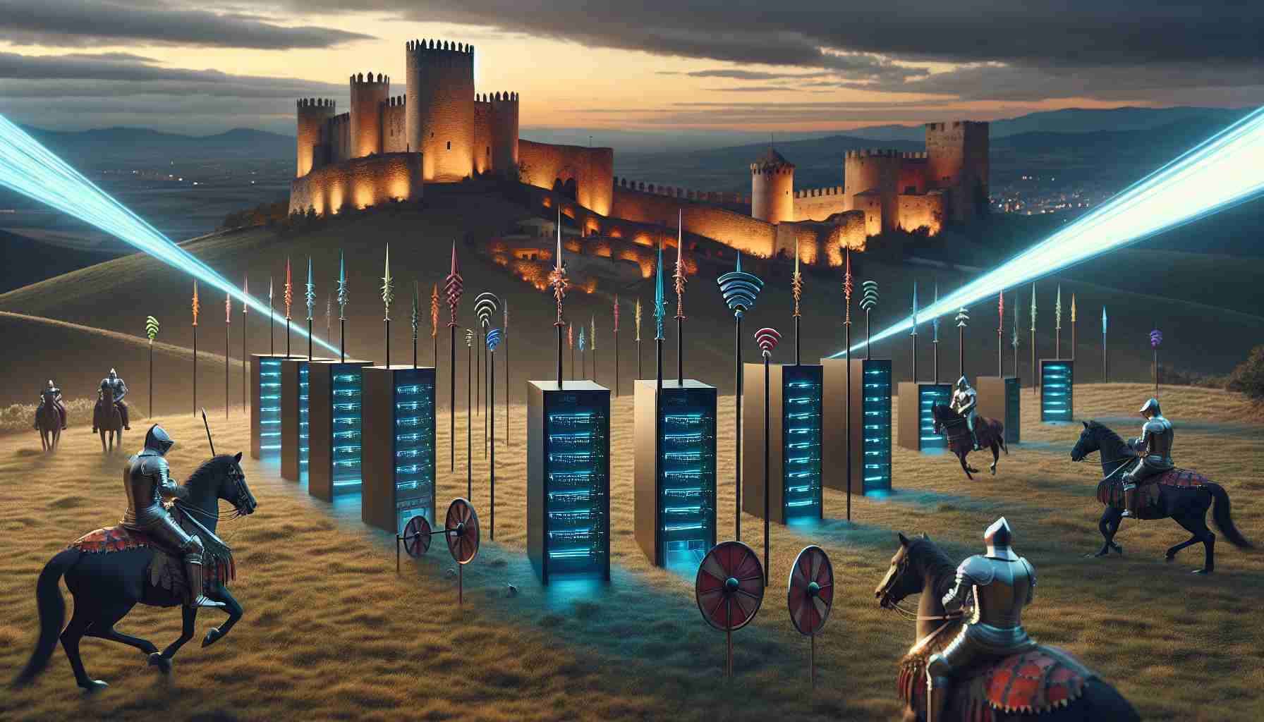 A hyper-realistic HD photo showing a concept of technological companies competing for network access. The setting is Aragon, a region filled with ancient architectural structures and rolling hills. There are many metaphoric visuals representing the competition: server towers shaped like knights on a medieval battlefield, fiber optic cables twisted as jousting lances, and Wi-Fi signals portrayed as banners caught in the wind. An aged castle stands in the distance, signifying the target of the conquest - the access point. The sky above has hues of twilight, combining the old world charm with the new digital age.