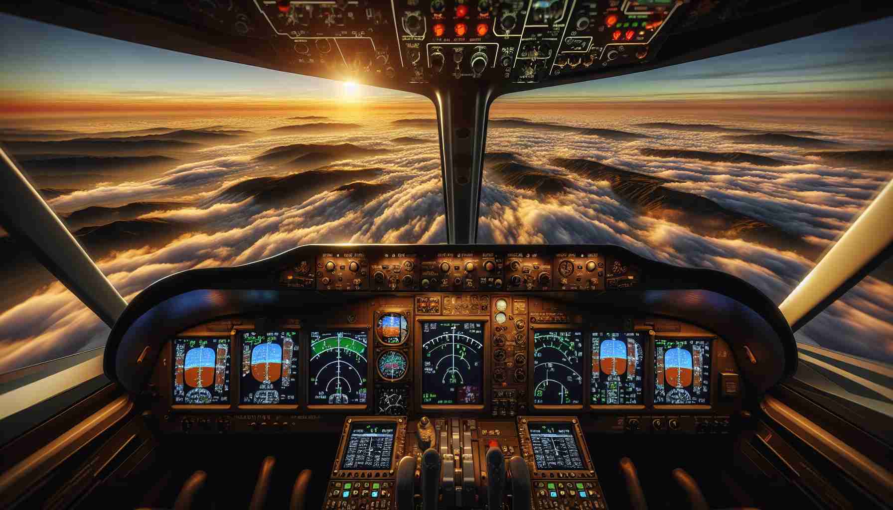 High-quality, realistic image of an anticipated aviation experience in a hypothetical flight simulation video game set in 2024. The scene shows a detailed cockpit view with advanced flight instruments, over an intricately rendered landscape during sunset. The plane is soaring above layered cumulus clouds, casting long shadows across the terrain. The horizon in the distance is lined with majestic mountain peaks, and the setting sun colors the world in warm hues of orange and red.