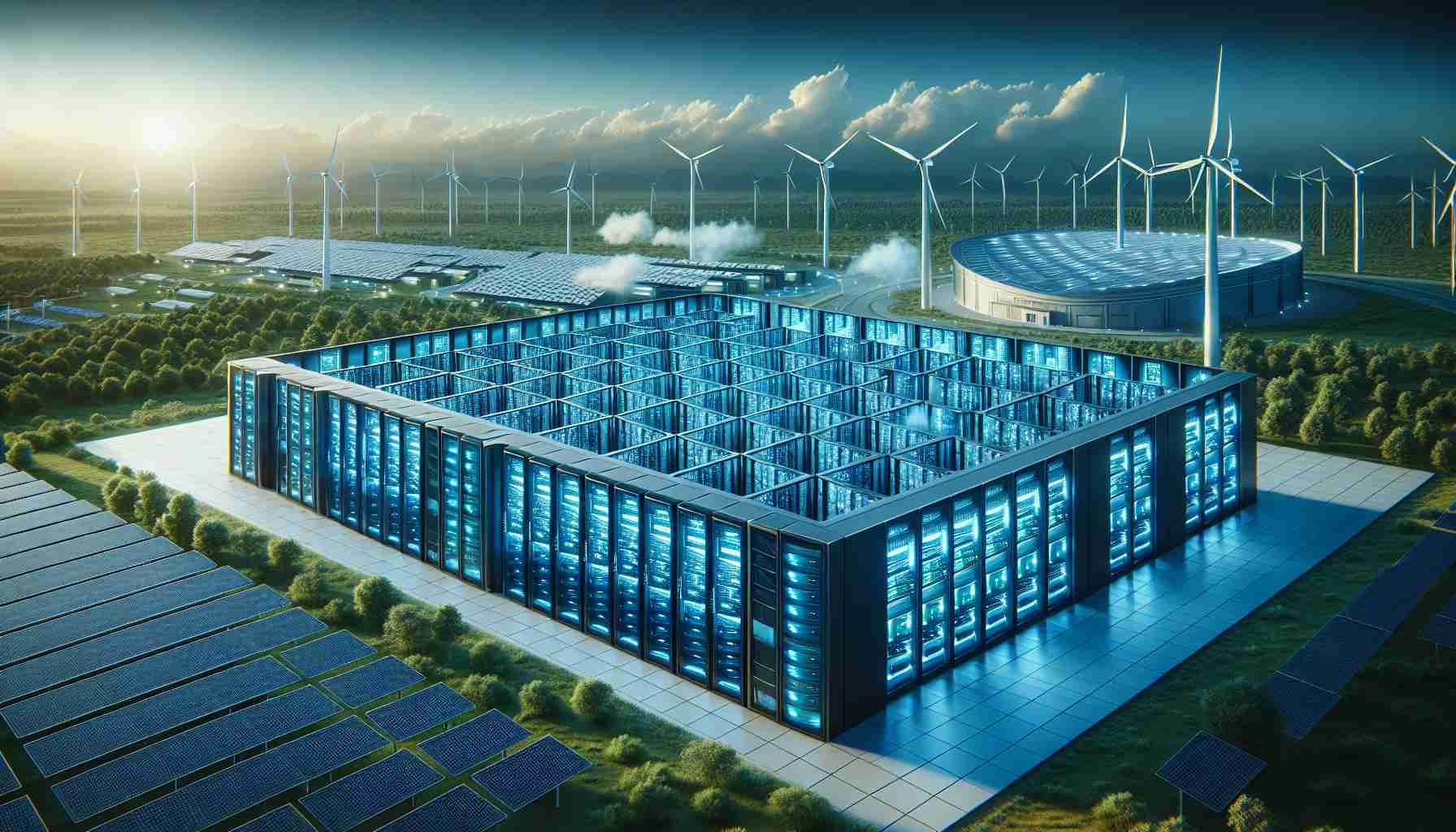 High definition, photorealistic image of a typical data center that is powered by renewable energy sources. Visualize massive buildings housing high-tech server racks all bathed in cold, energy-efficient blue light. Outside the energy-efficient infrastructure, include arrays of solar panels and majestic wind turbines indicating the utilization of green energy sources, with clear skies and a lush green environment as the surrounding landscape. The image should positively depict progress and the environmentally conscious decision-making in the tech industry.