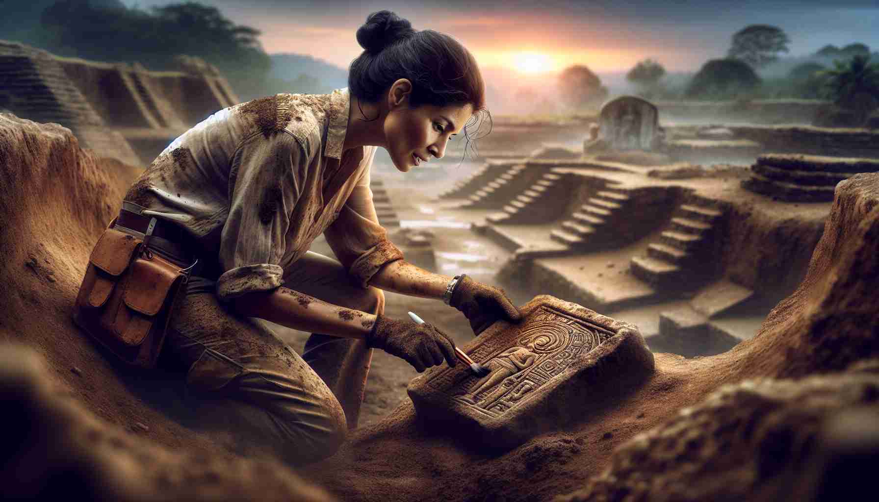 A highly-detailed, photorealistic image showcasing the adventurous spirit of archaeology. The image captures a dramatic scene of an archaeologist, a Hispanic woman in her late thirties, delicately brushing away dirt from an ancient relic. She's crouched in a half-excavated dig site, surrounded by earthy, crumbling ruins. The relic, barely visible, hints at intricate carvings and the mystery of a lost civilization. Her expressions reflect determination and excitement, her dirty gloves and field clothing telling the story of her grueling journey to this discovery. The background reveals a sun setting over a landscape dotted with other unexcavated sites.