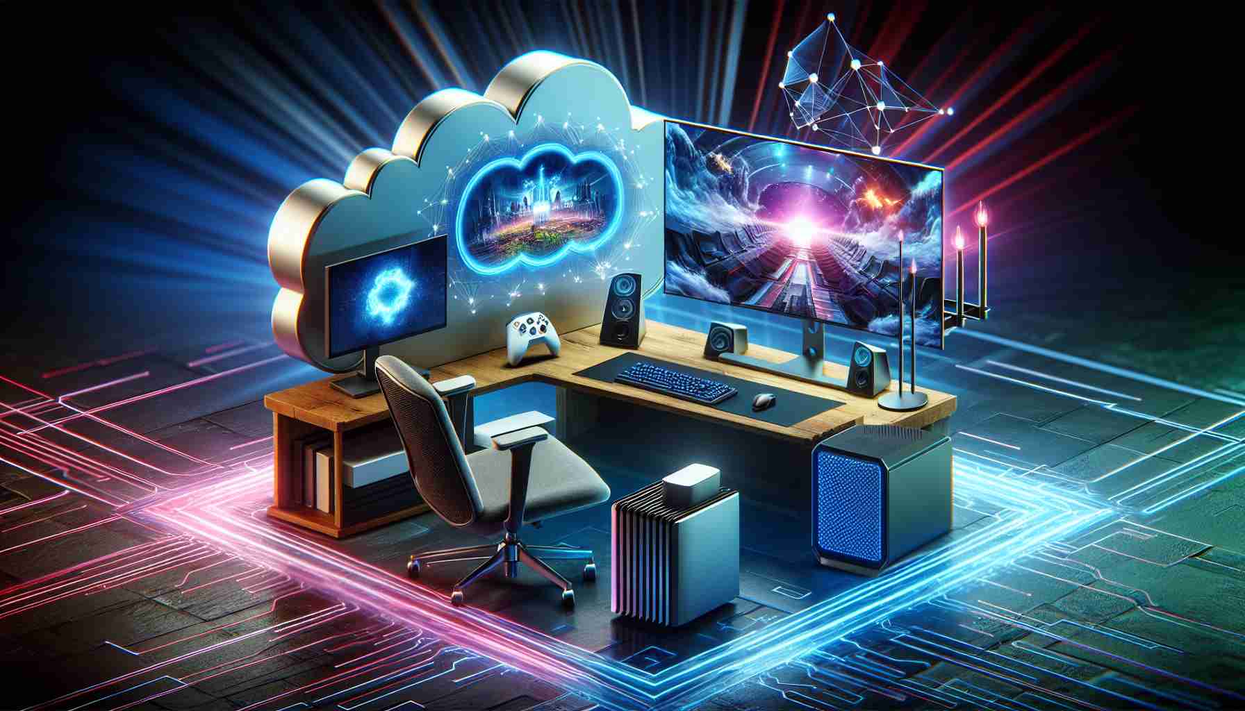 Generate a realistic, high-definition image of a futuristic cloud gaming setup. This should include a contemporary gaming console, a high-speed internet router, a monitor showcasing a vibrant and immersive game environment, and a comfortable gaming chair. There should also be a symbolic representation of cloud technology, such as a cloud icon or cloud-shaped structures. Add a visual element to emphasize the revolutionary aspect, such as rays of light or innovative design elements.