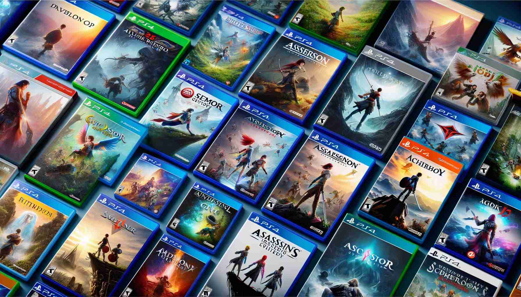 An image in HD quality showing several video game case covers artfully arranged. The games belong to a variety of genres, such as action, adventure, puzzle, and more. The titles are exciting and new, indicating a multi-platform release. The game covers are bright, detailed, and captivating. Ensure realistic depiction of the game covers, reflecting the unique theme of each game, whether it's themed on medieval fantasy, futuristic science fiction, or a serene nature landscape. Note that these are all fictional titles and do not infringe on any copyrighted content.