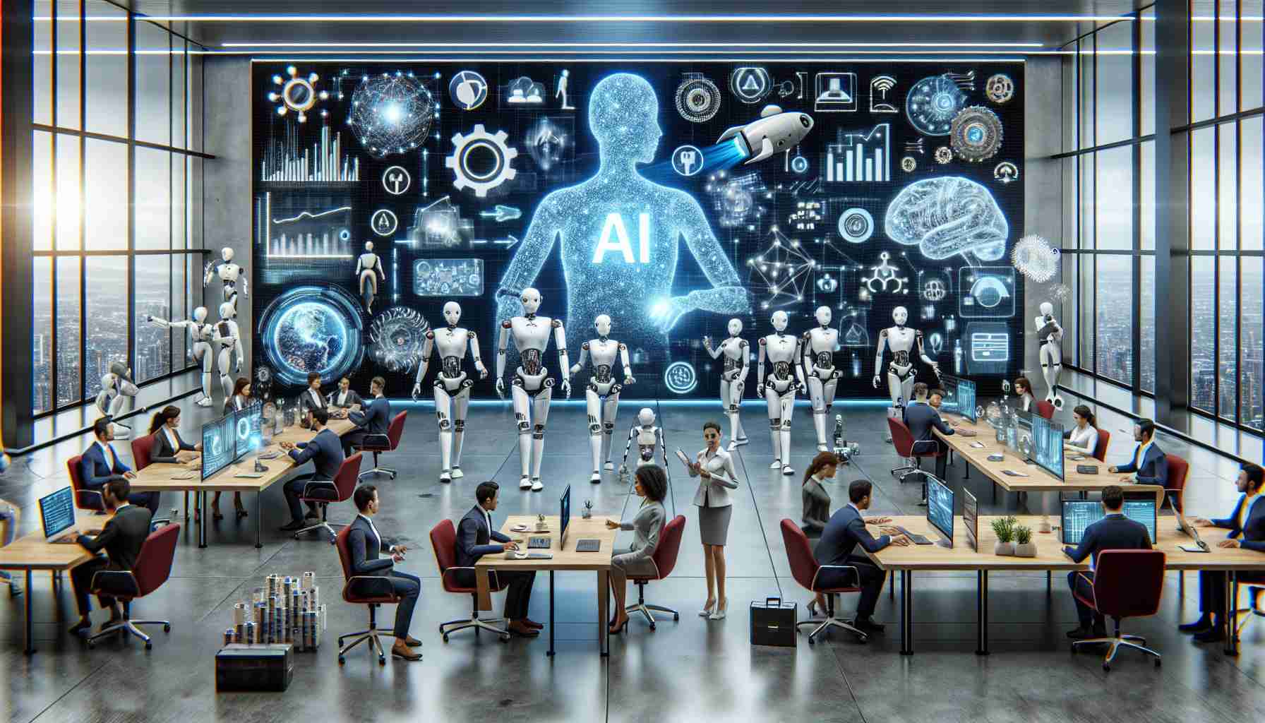 A highly realistic and high-definition illustration depicting the transformative power of artificial intelligence within the realm of business. This could be represented by a state-of-the-art office setup with large screens displaying various data analytics, robotics technology, and automation systems. An engaging portrayal of humans and robots working side by side, humans of various descents like Hispanic, Middle-Eastern, Caucasian, and Black both males and females engaged in strategic discussions, analysis, and planning. Furthermore, digital icons and symbols representing AI, machine learning algorithms, and cloud computing could be spread across the image as metaphorical representations.