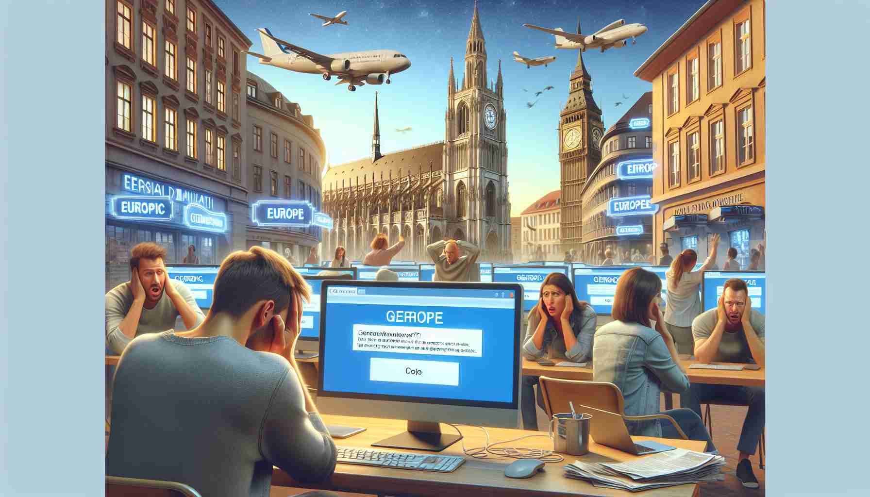 Create a high-definition, realistic image of a scene in Europe where individuals are experiencing disruptions while using a generic email service. The scene can include people expressing frustration or confusion in front of their computers, possible error messages on the screens, and the ambiance of a European city in the background.