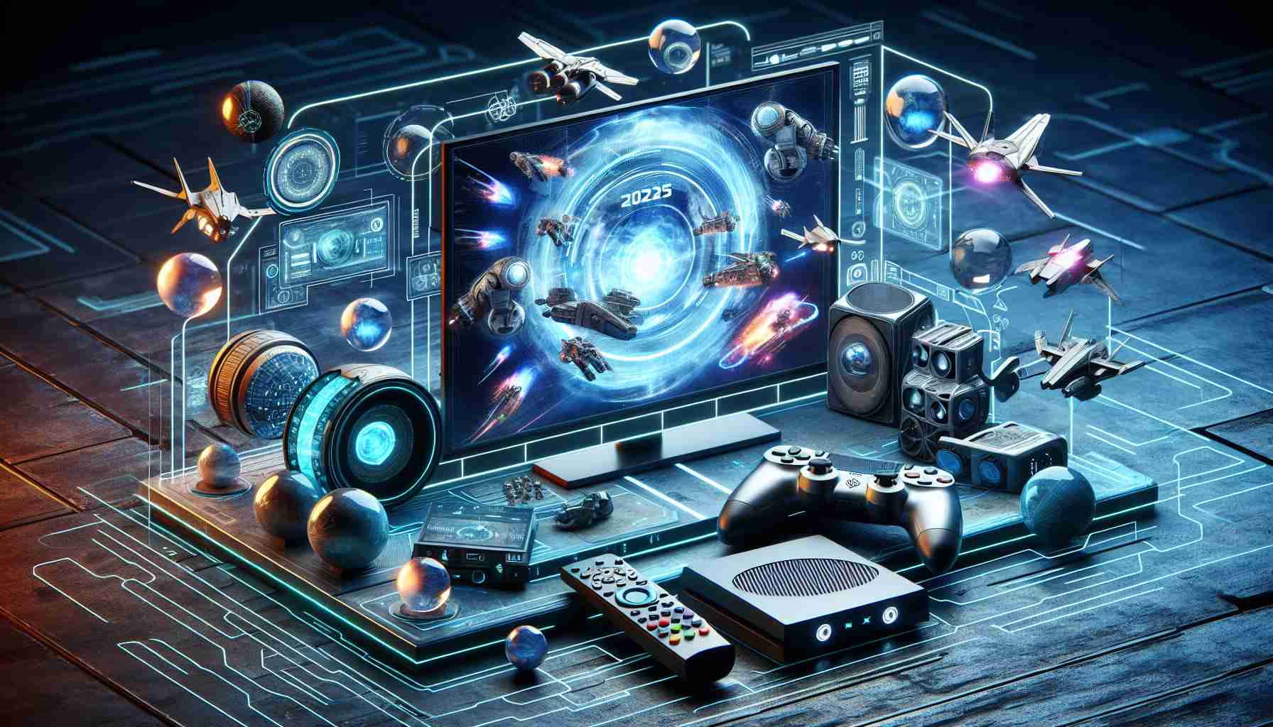 Visual representation of futuristic gaming in the year 2025 on a high definition platform: envision advanced gaming equipment that signifies progression and innovation. Futuristic game controllers, a high-tech television or monitor, and the virtual world inside a popular 2025 video game which focuses on exploring new horizons. Illustrate this in an ultra high-resolution image to capture the intriguing details and elements of a next-generation gaming setup.