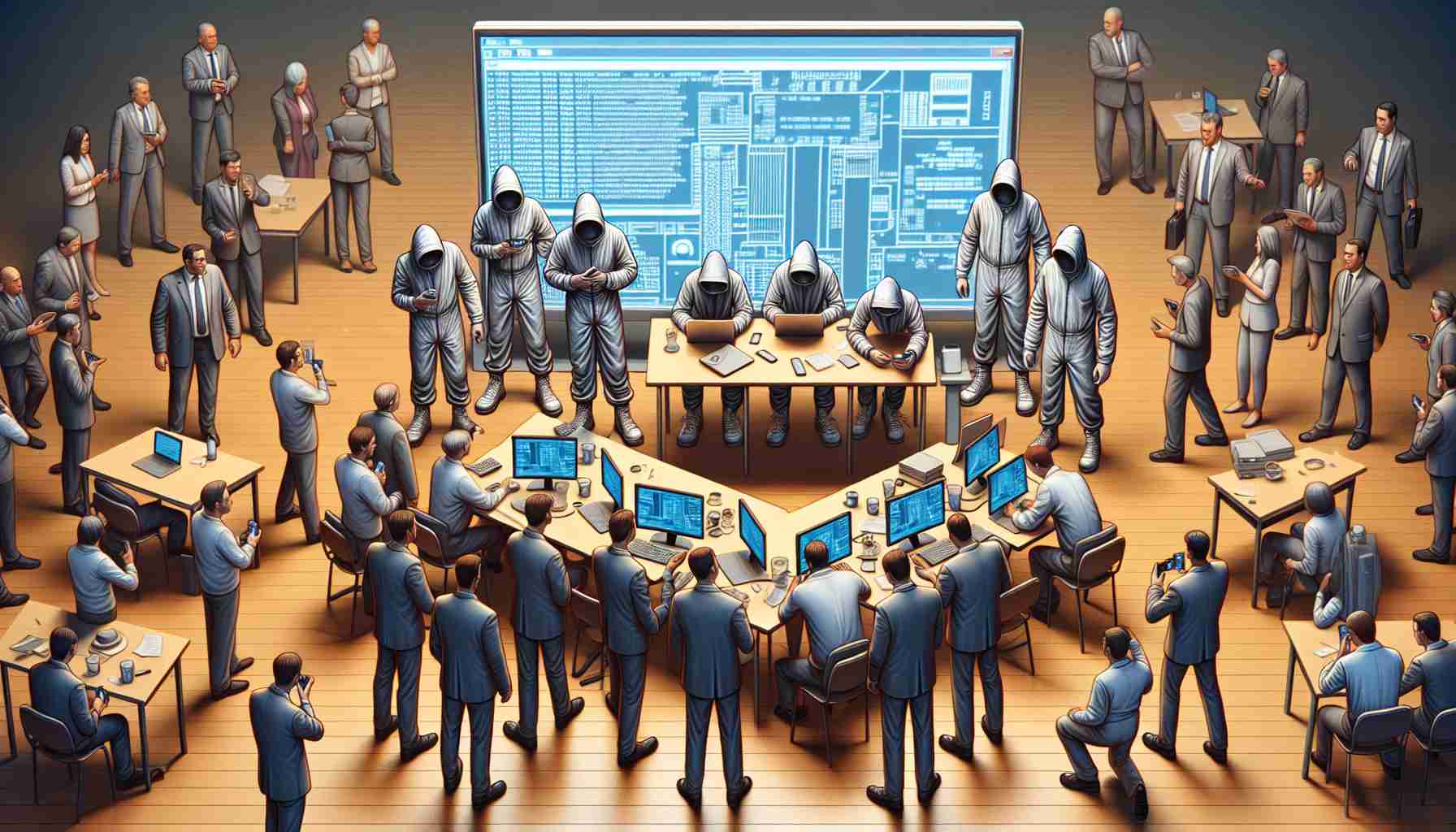 A realistic, high-resolution image illustrating an incident where employees from a large, unspecified technology company are being dismissed for organizing an unrecognized commemoration ceremony.