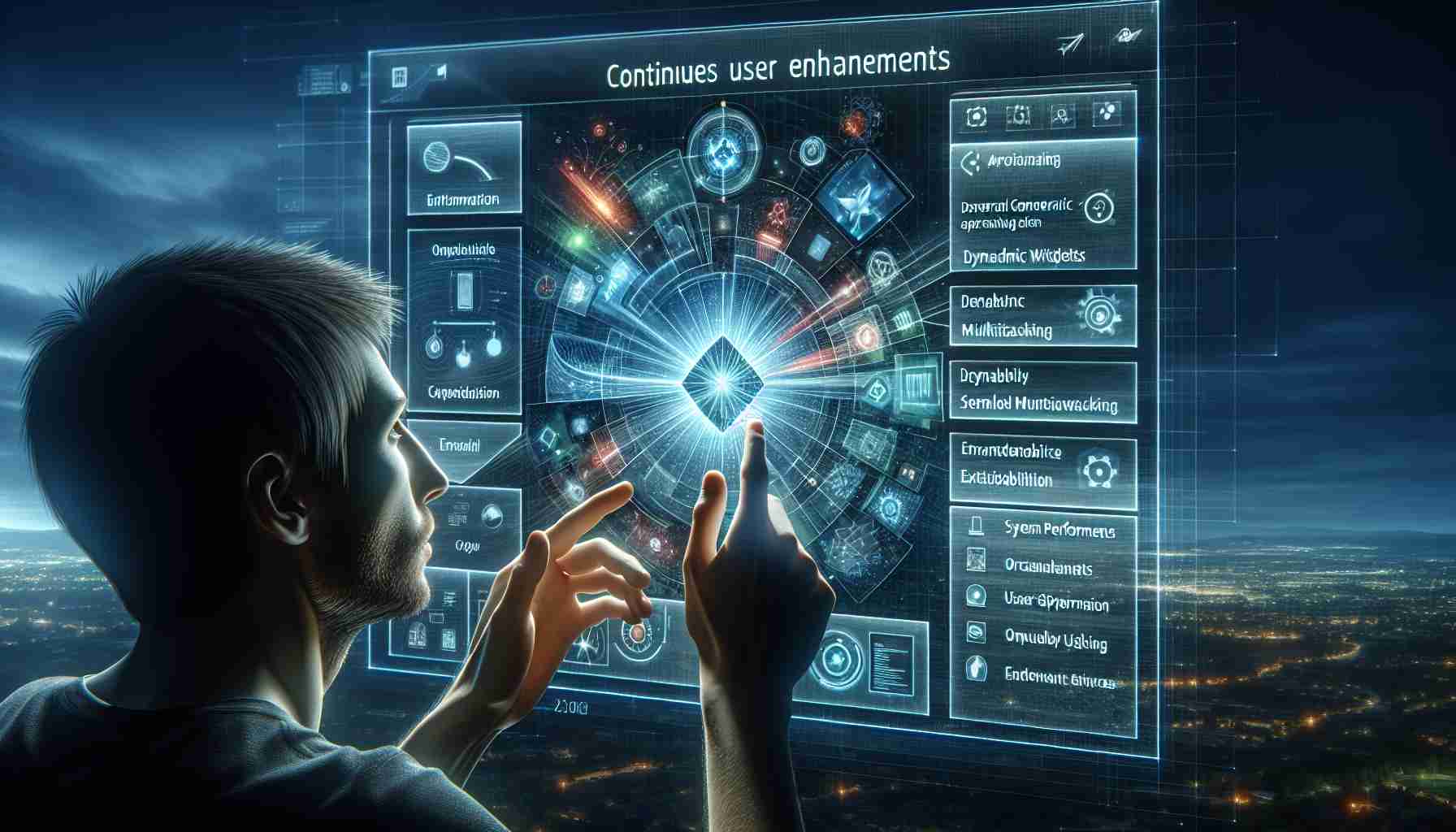 A highly realistic and detailed image representing the continuous enhancements in user experience on an operating system. The image should depict an individual intently engaging with a fictional generic operating system's interface which is designed with modern aesthetics. The interface shows improved navigational features, dynamic widgets, seamless multitasking, and enhanced Compatibility features. The user could be seen expressing satisfaction, symbolizing a positive user experience. The image highlights the idea of a tech giant's continuous efforts to improve system performance, accessibility and overall user satisfaction.