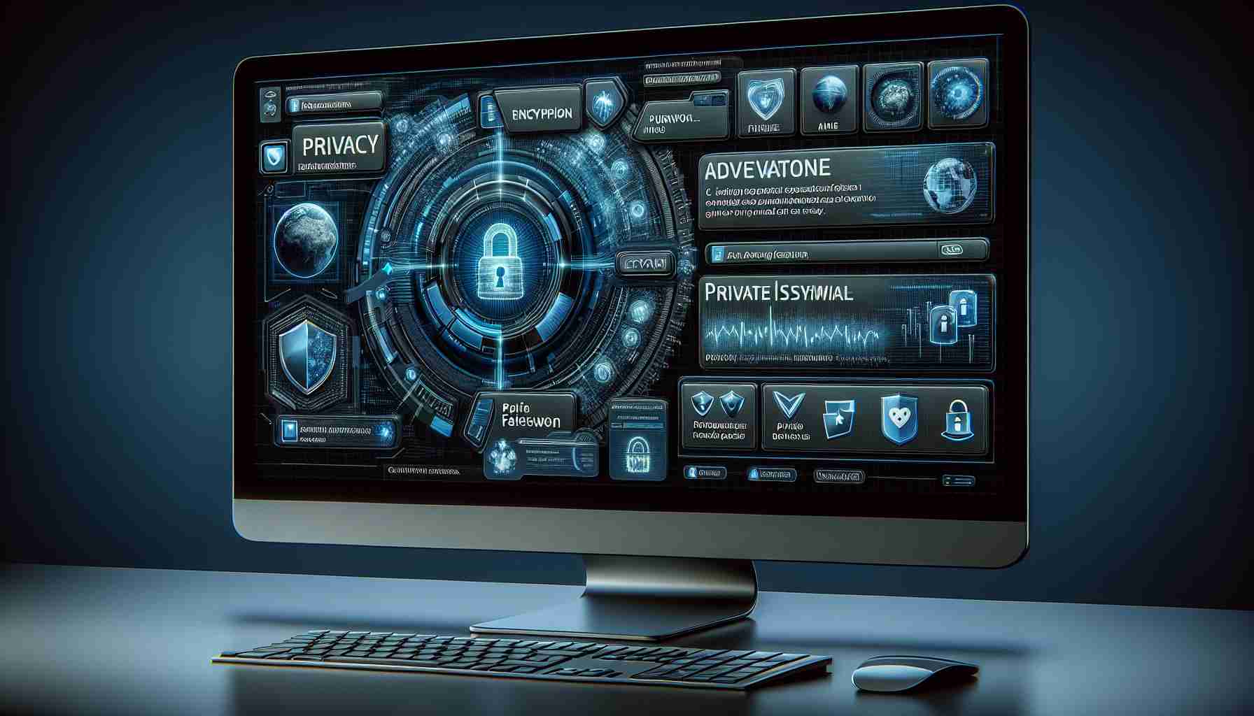 A highly detailed, realistic image illustrating advanced privacy features for a generic operating system inspired by popular designs. The scene shows a computer screen with the operating system interface visible. On it, different privacy features are highlighted, such as encryption indicators, firewalls, and private browsing options. The overall design and layout convey a sense of modernity and sophistication, underscoring the forward-thinking nature of these features. The color scheme is dominated by cool blues, similar to the color schemes often seen in technology and software interfaces.